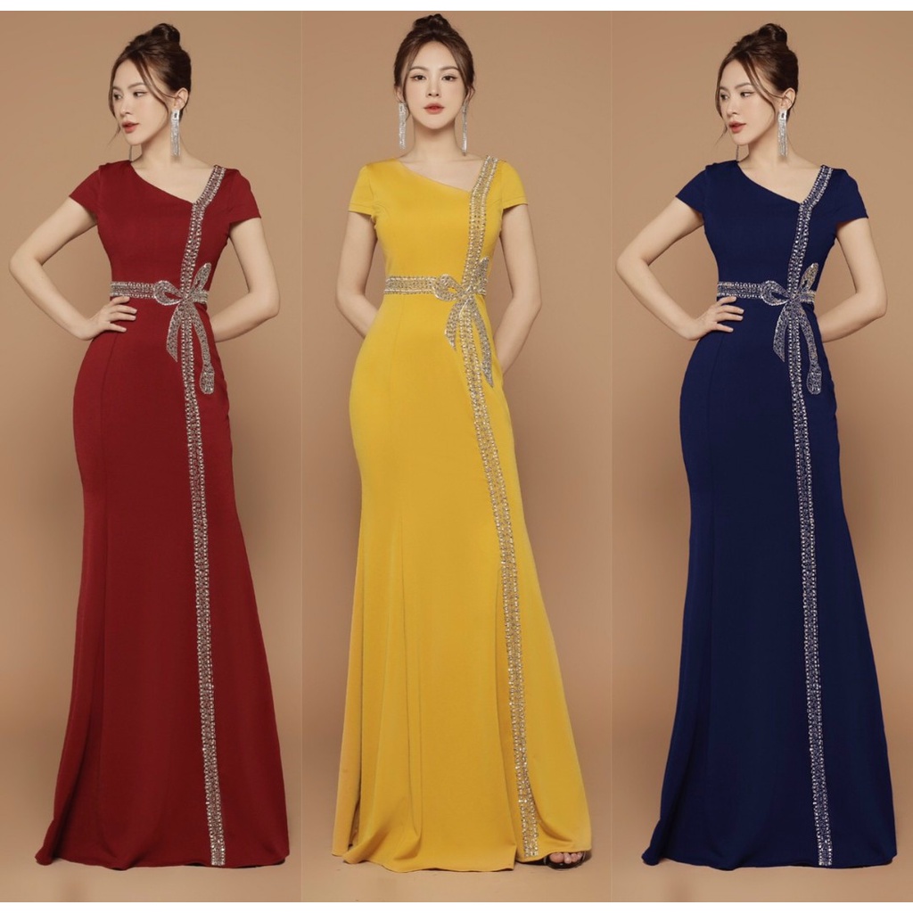Đầm dạ hội dáng dài ép hạt nơ - Mua váy dạ hội dự tiệc sang chảnh