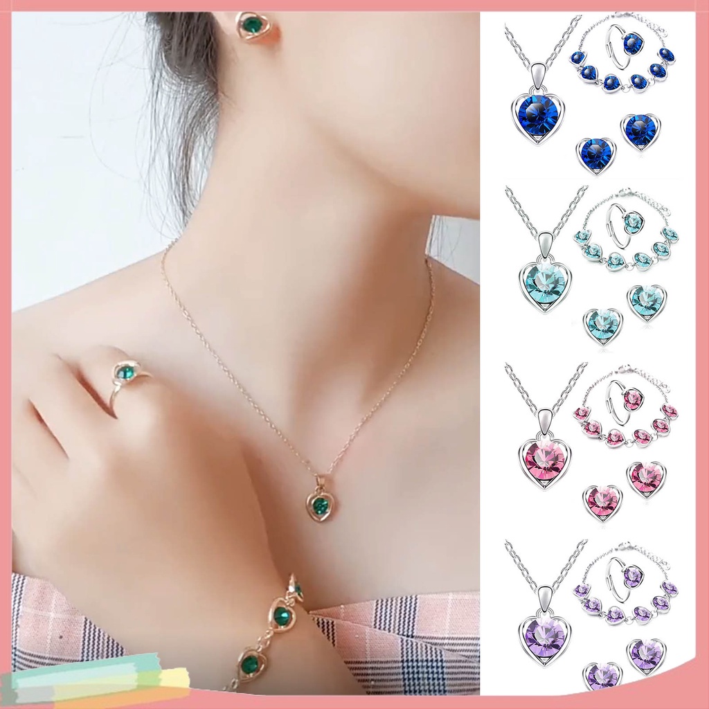 Bộ Trang Sức 4 Món Mặt Trái Tim Đính Đá Thời Trang Dành Cho Nữ