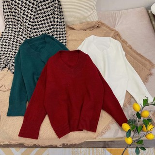 Áo len trơn basic len lông thỏ cổ tim dáng rộng oversize hàng quảng châu - hanju