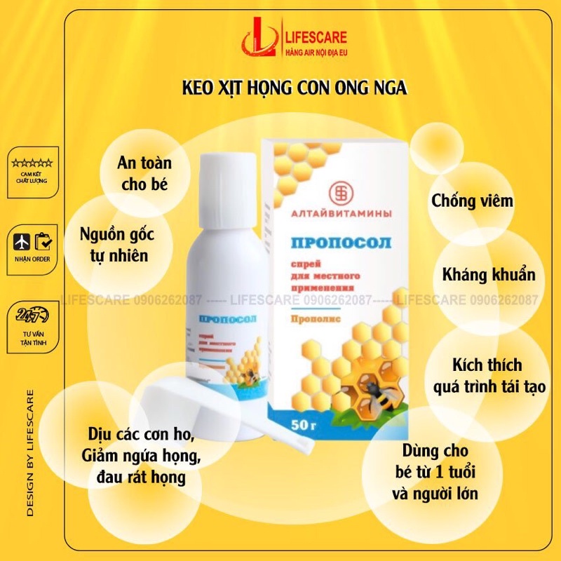 Xịt họng keo con ong Nga nguồn gốc tự nhiên cắt ho, giảm đau họng, rát họng ngứa cổ họng chỉ sau vài lần xịt, 50g