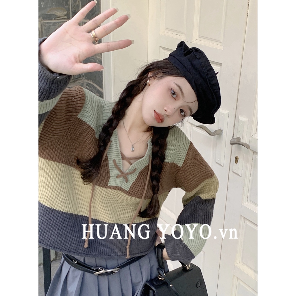 Áo Dệt Kim Tay Dài Cổ Chữ V Màu Trơn Dáng Ôm Họa Tiết Kẻ Sọc Thời Trang Hàn Quốc 2023 Cho Nữ