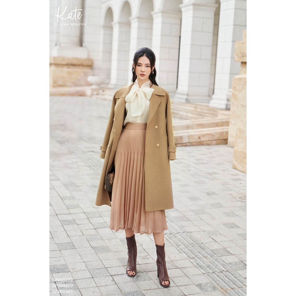 Áo mangto dạ nâu 5272 chân váy tơ dập ly lá nhỏ 5203 thời trang thiết kế Kate by Linh Nguyen