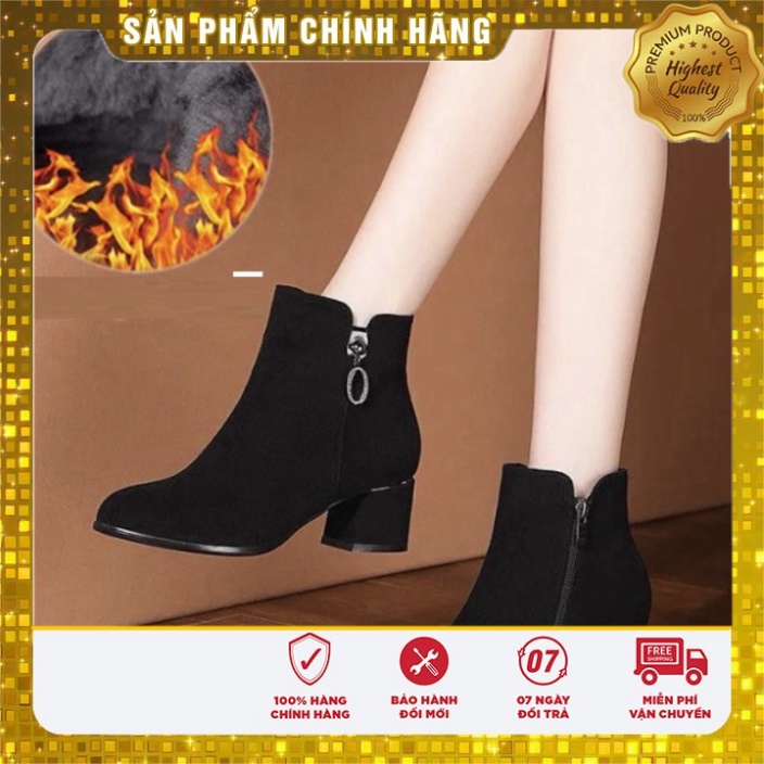 Giày boot đế vuông 5 phân bốt nữ cổ ngắn da lộn trơn cao cấp, vương quyền S077