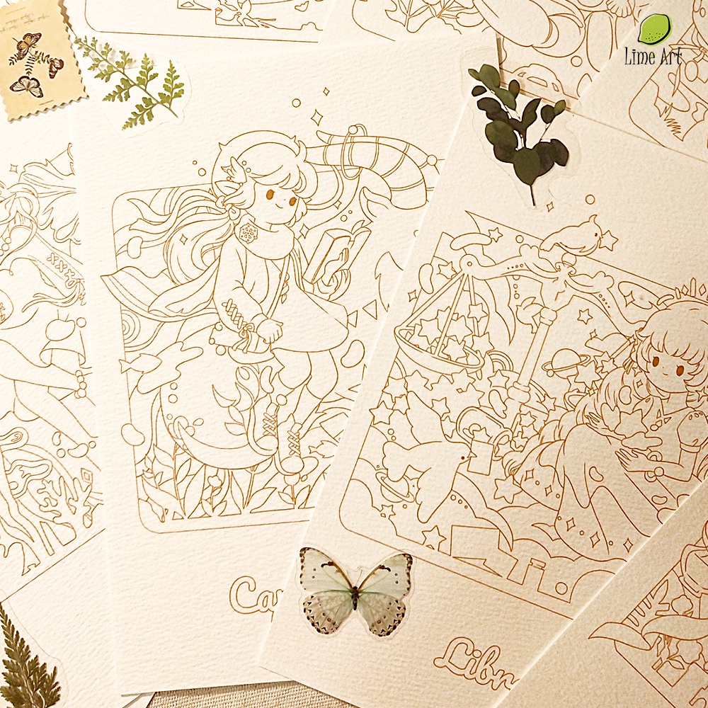 Tranh tô màu nước CHIBI 12 Cung Hoàng Đạo họa sĩ KyuEki / Line Art / Khổ A5 dày 300gsm