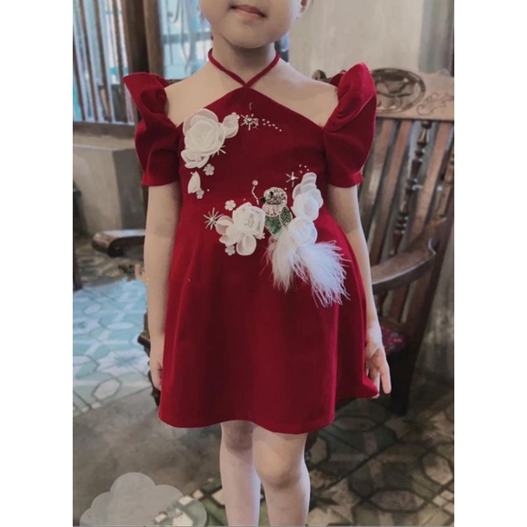 Váy  nhung cổ yếm tay bồng thêu nổi tiểu thư xinh xắn bé gái