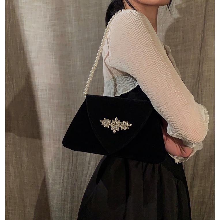 The Ines - Túi xách nhung mịn charm dãy đá đi kèm 2 loại quai