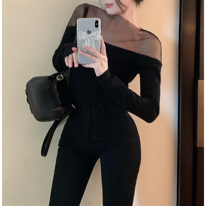 Áo Thun Tay Dài Phối Lưới Thiết Kế Mới Thời Trang Mùa Thu Cho Phái Nữ