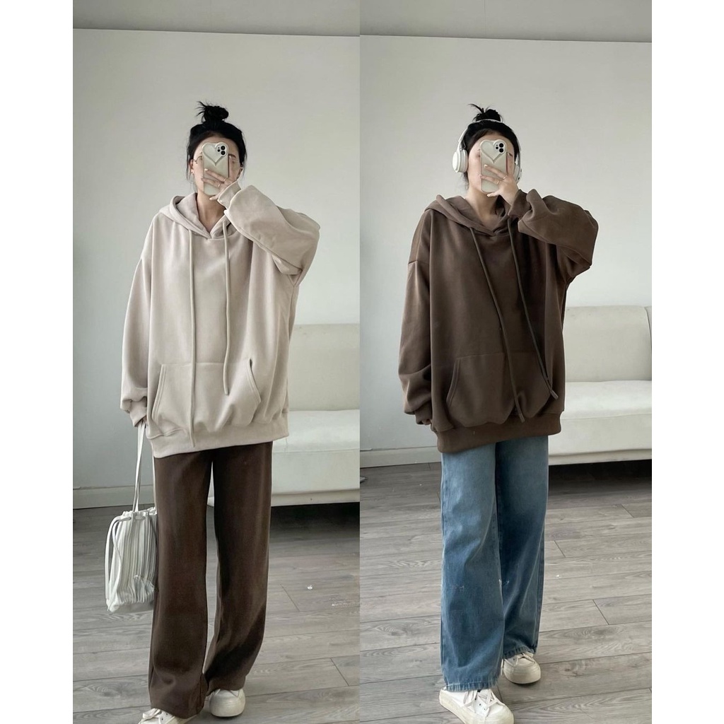 Áo hoodie trơn lót lông 2 lớp siêu dày form rộng Quảng Châu