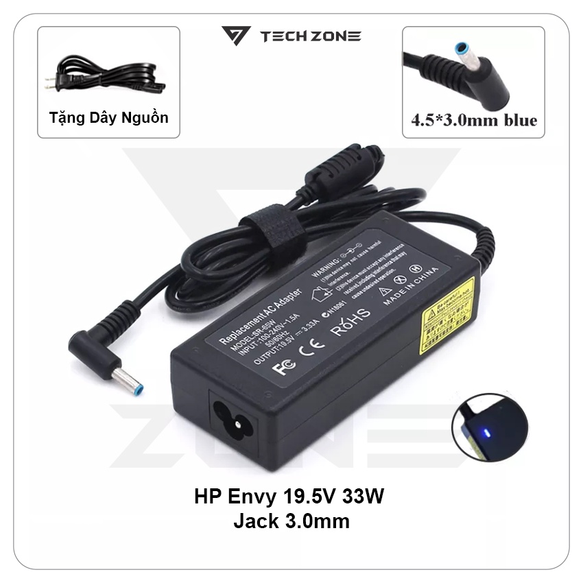 Bộ dây cáp và sạc cho laptop Hp, adapter chân kim đầu nhỏ, màu xanh 19.5V-3.33A-65W