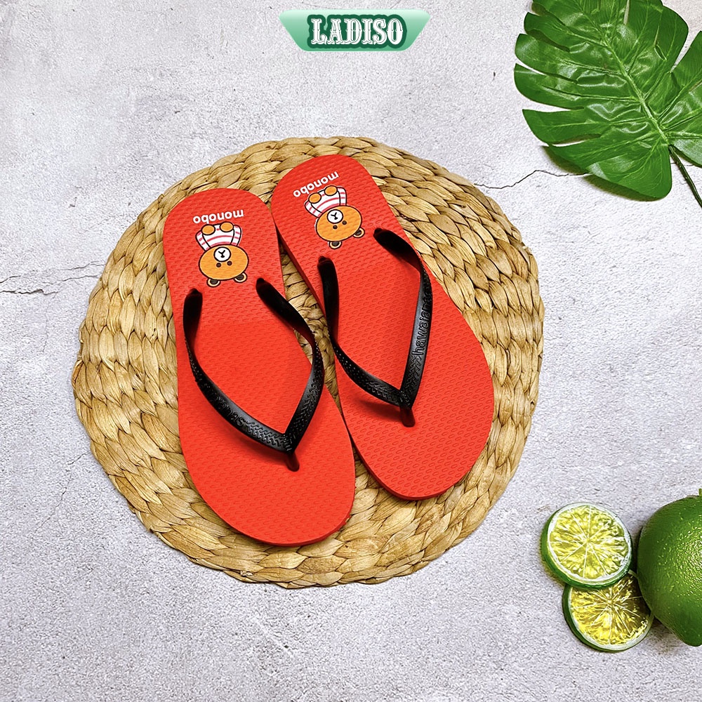 Dép kẹp nữ màu trơn quai đen hình chú gấu nâu dễ thương LADISO - TT462