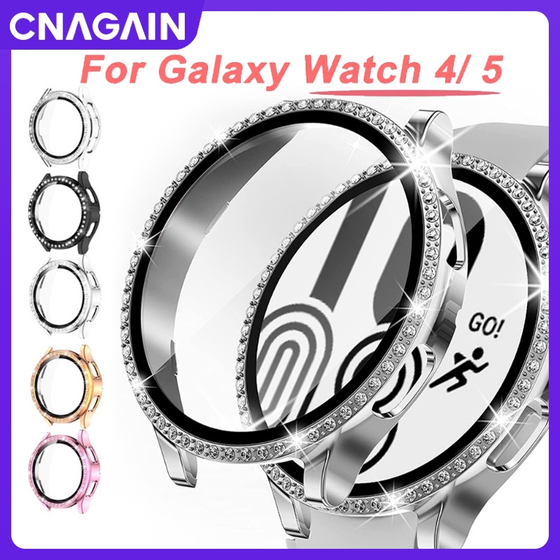 Ốp Bảo Vệ Mặt Đồng Hồ Bằng Nhựa PC Cứng Mạ Vàng Đính Kim Cương Cho samsung Galaxy watch 4 5 40mm / 44mm Kính
