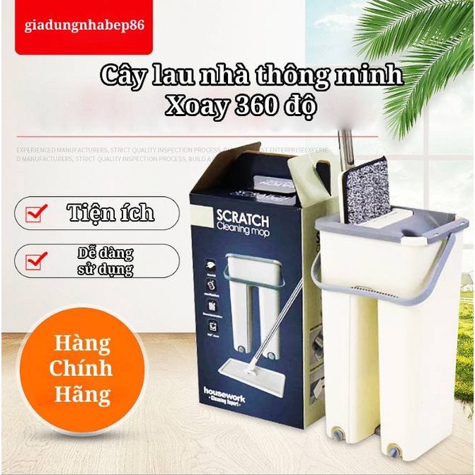 Bộ lau nhà gồm 01 cây lau ống bằng thép+nhựa+2 miếng vải lau, thùng đựng nước bằng nhựa