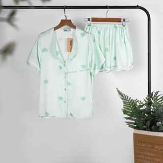 Bộ pijama Lụa Tim Xanh cổ bèo tay ngắn quần ngắn