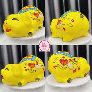 Heo đất, Lợn tiết kiệm, Ống tiết kiệm Men Sứ cỡ Đại dáng nằm Chữ và Hoa Văn đẹp mắt