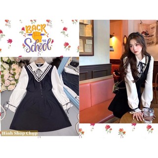 💐 Đầm form rộng chữ A tay phồng cổ sơmi thắt nơ cute🌷