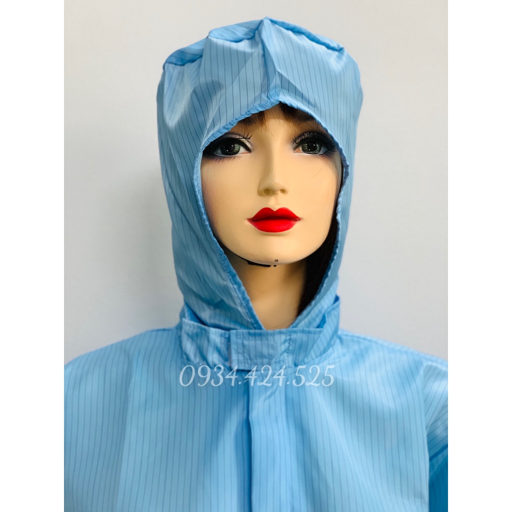 Đồng phục quần áo có nón xanh phòng sạch chống tĩnh điện dài tay