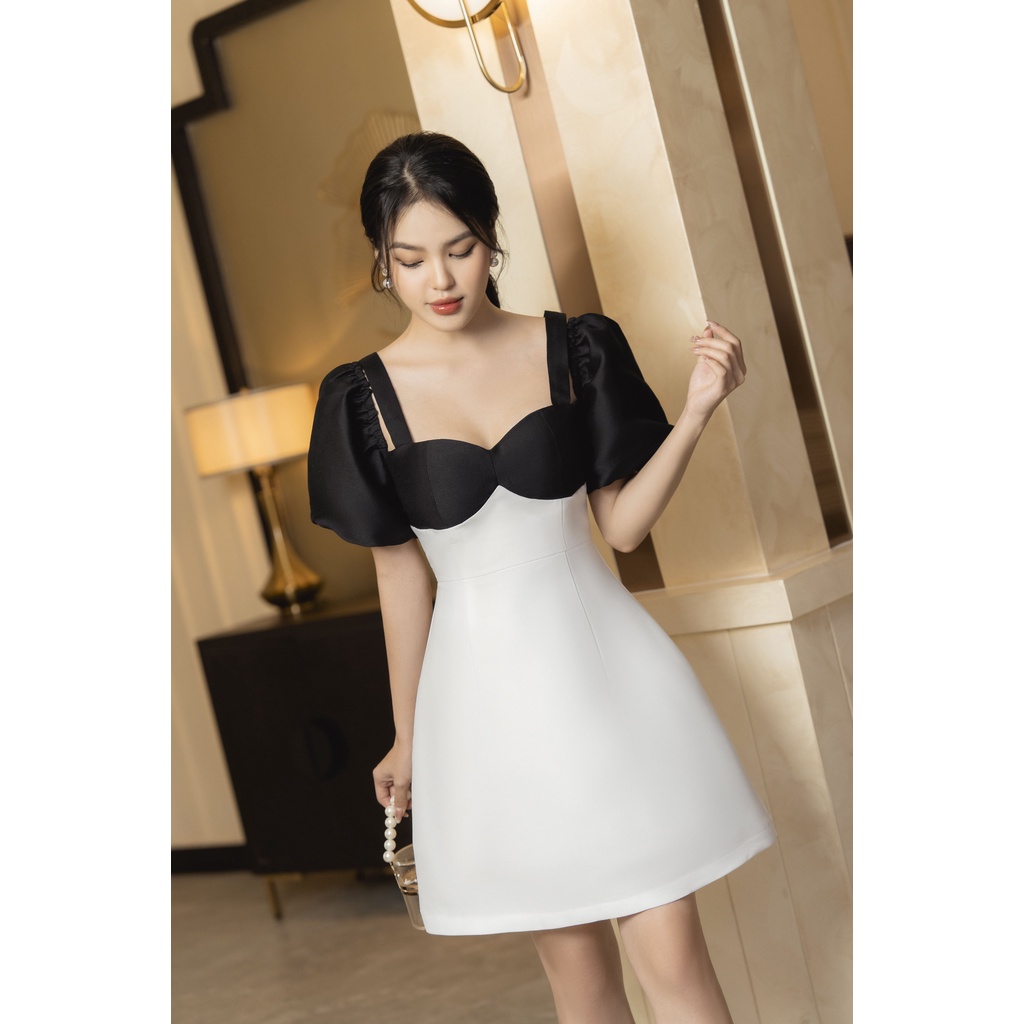 Váy dự tiệc chất tafta đen-trắng YV86 Taya Đen Mix Trắng YAME