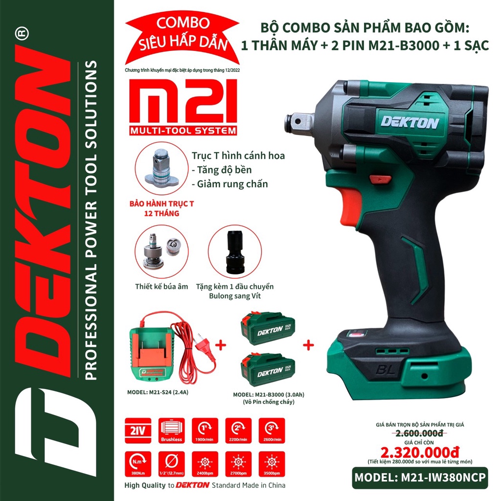Máy Siết Bulong Dùng Pin Dekton M21-IW380NCP