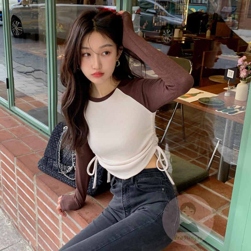 Áo Thun Tay Dài Cổ Tròn Dáng Ôm Phối Màu Tương Phản Thời Trang Cho Nữ