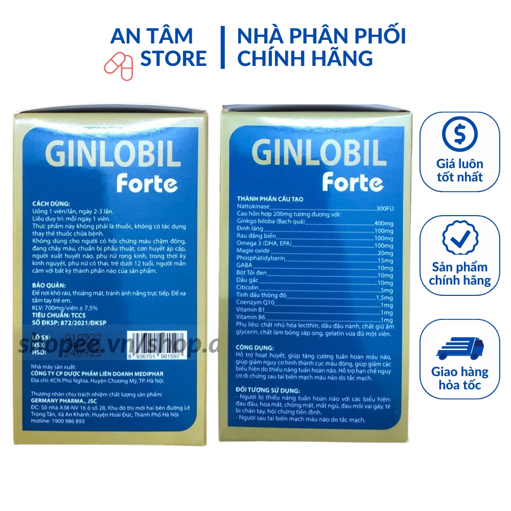 Tăng cường lưu thông máu não GINLOBIL FORTE Hộp 100v - Viên uống bổ sung dưỡng chất cho não chứa Citicolin, Omega 3