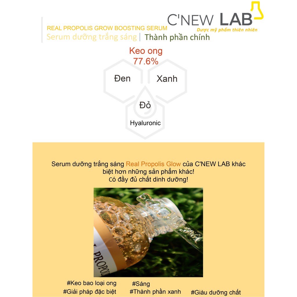 Serum dưỡng trắng Real Propolis Glow Boosting Serum C'NEW LAB giúp da mịn màng và tươi sáng 50ml - màu vàng
