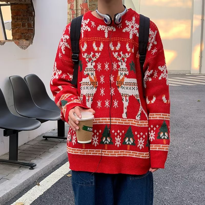 Áo Sweater Dệt Kim Dày Dáng Rộng In Họa Tiết Thổ Cẩm Kiểu Đường Phố Nhật Bản Thời Trang Thu Đông Cho Các