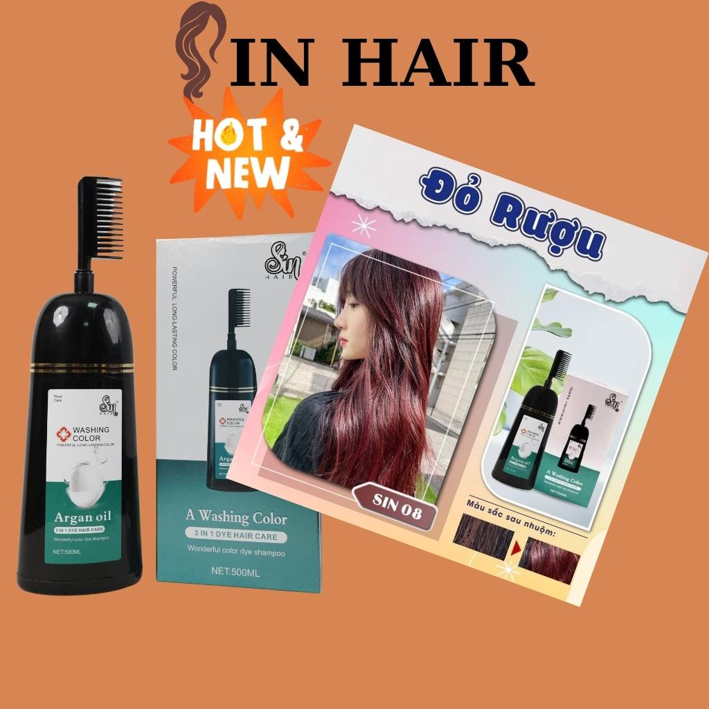 Dầu Gội Nhuộm Tóc Sin Hair Màu Đỏ Rượu, Lên Từ Nền Đen Tự Nhiên, Nền Càng Sáng Tóc Càng Ánh Đỏ- 500ml