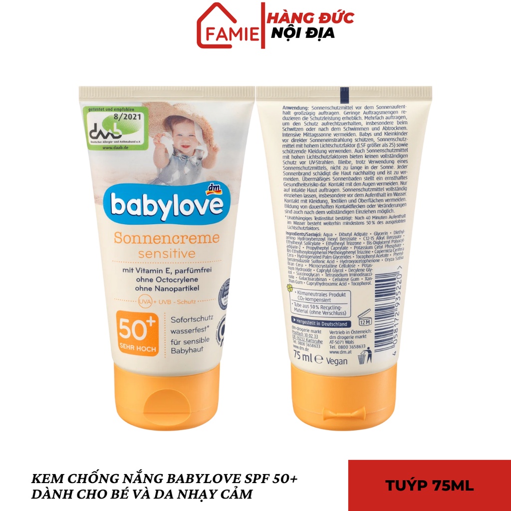 Kem chống nắng Babylove SPF 50+ dành cho bé và da nhạy cảm, tuýp 30ml/ thanh lăn 20g - Hàng Đức