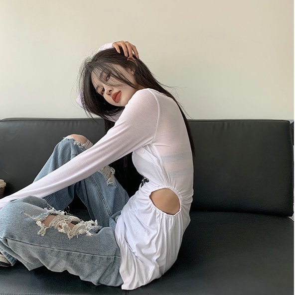 Áo Thun Tay Dài Dáng Ôm Hở Eo Thời Trang Mùa Hè Cho Nữ