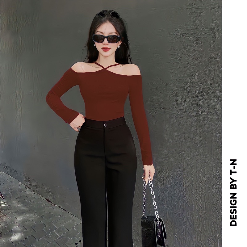 Áo croptop tay dài trễ vai ôm body T&amp;N TSHIRT COLLECTION chất borip cotton co dãn thoáng mát với thiết kế trễ vai, cổtrễ