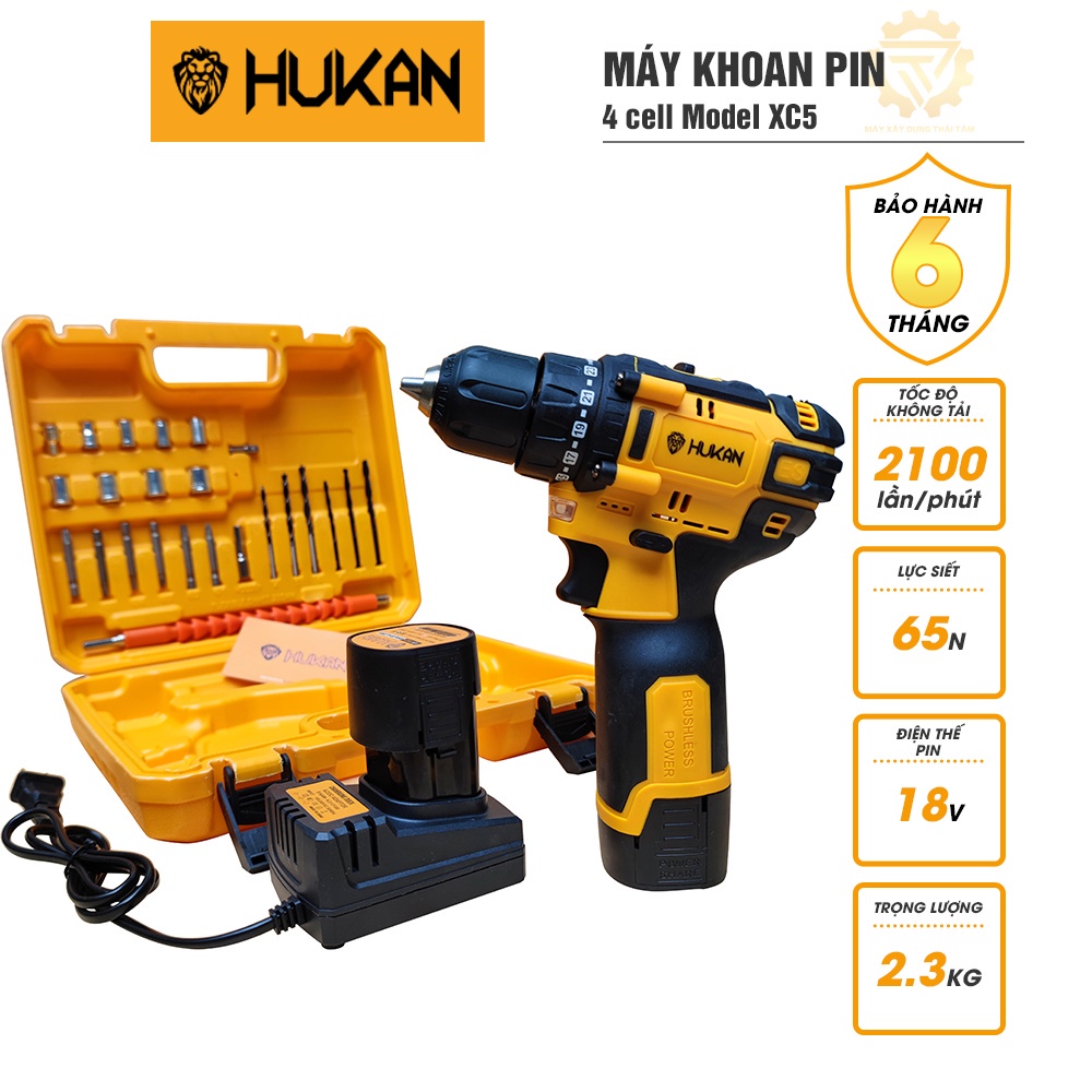 Máy khoan pin HUKAN 18V 4 cell Model HK-XC5 không chổi than tặng kèm 2 mũi khoan giá tốt