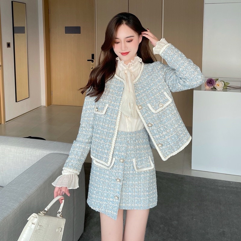 Set Dạ Tweed Màu Xanh Sang Chảnh