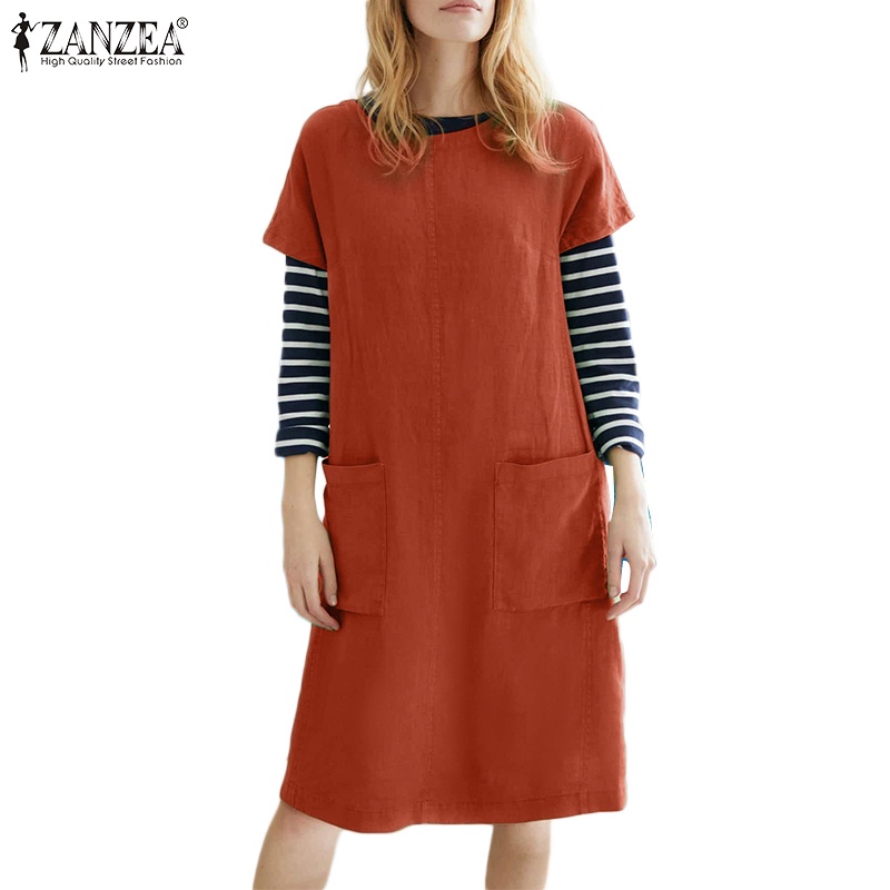 ZANZEA Đầm Nữ Ngắn Tay Cổ Tròn Màu Trơn Thời Trang