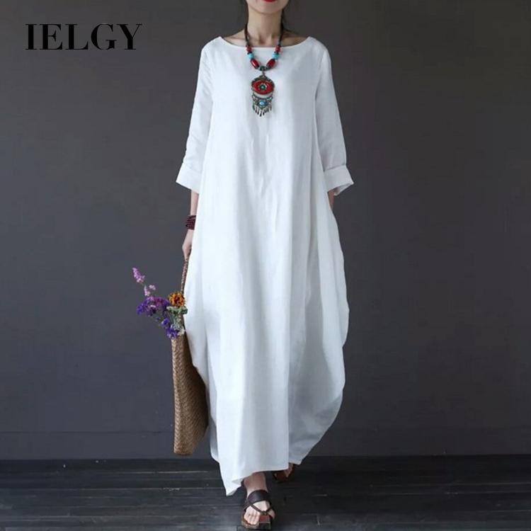 IELGY  IELGY  Đầm Dài Dáng Rộng Bằng cotton Lanh Màu Trơn Kích Thước Lớn Cho Nữ