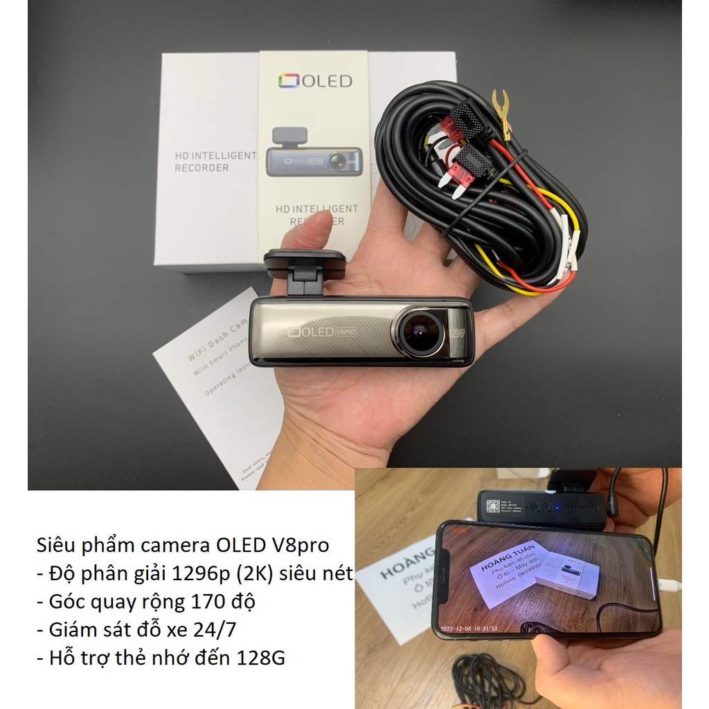 Camera hành trình OLED V8pro wifi 2K (1296p) giám sát đỗ xe 24/7 góc rộng 170 độ app tiếng Việt