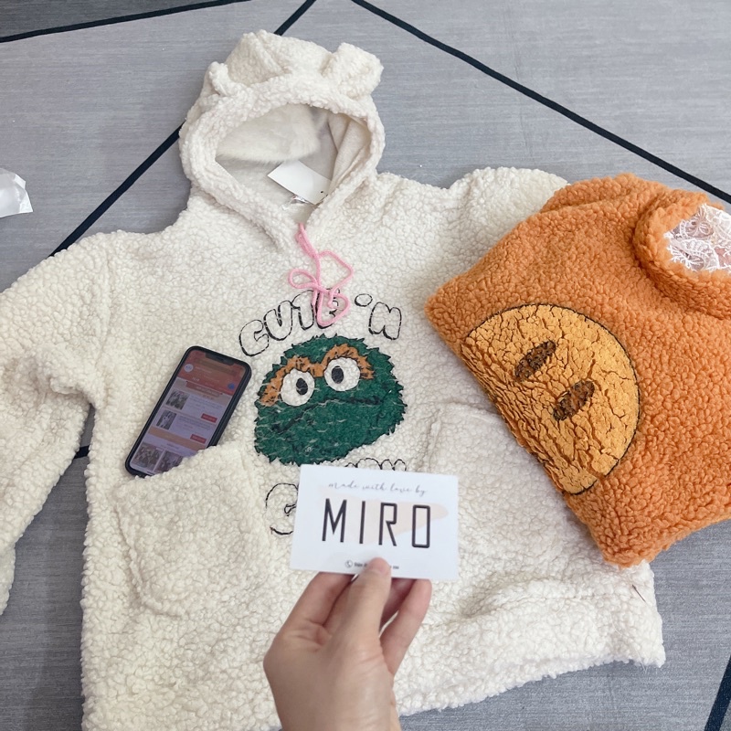 Áo khoác lông tai gấu phối mũ Hàn Quốc form thụng Unisex,Áo khoác nữ Ulzzang kèm tai gấu 3in1 Mũ lông khăn và sỏ tay