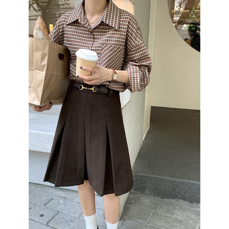 Áo sơ mi nữ Form rộng Tay dài kẻ sọc caro Retro Thu Đông Hàn Quốc Sơ mi nữ Dáng rộng Dài tay Thời trang