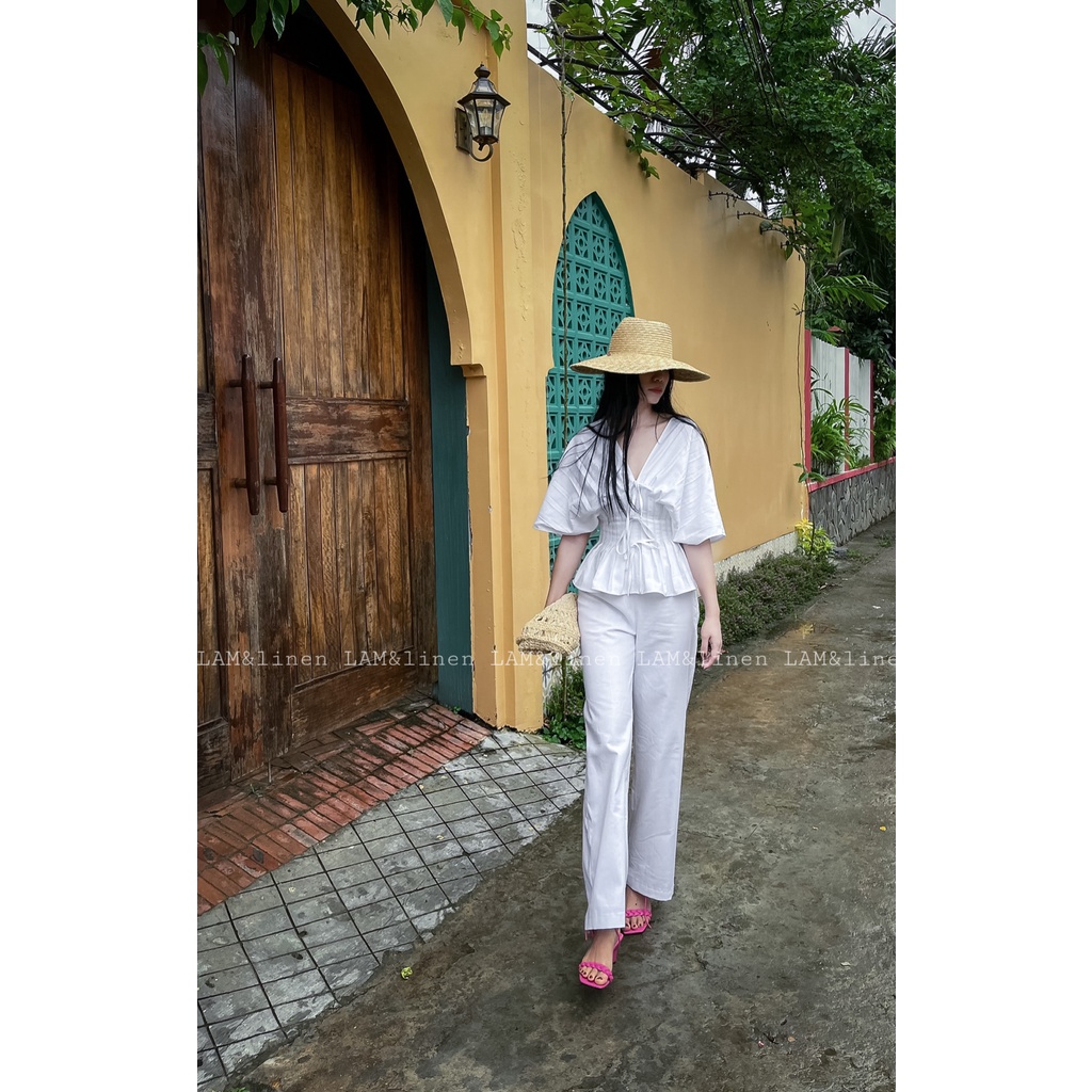 Áo kiểu nữ dáng peplum xếp ly eo Linen | BigBuy360 - bigbuy360.vn