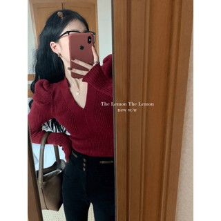 Áo len tăm cổ v tay dài bồng vai dáng basic