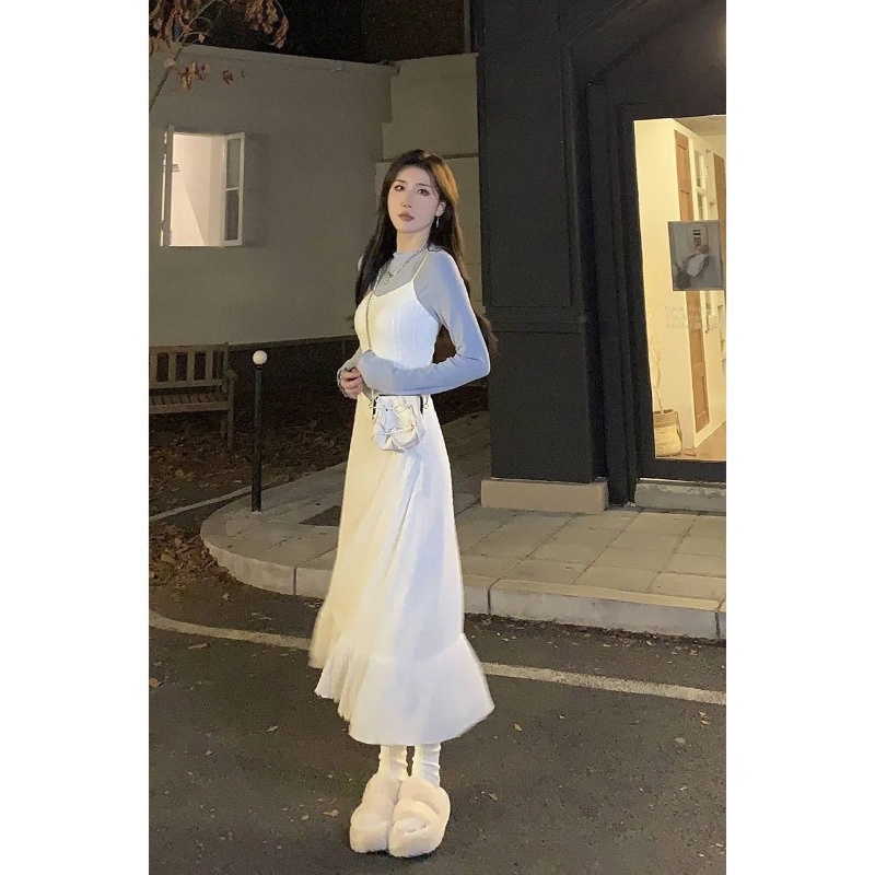 COZOKC COZOK Set đầm dài tay cổ cao + áo COZOK phong cách thời trang cho nữ