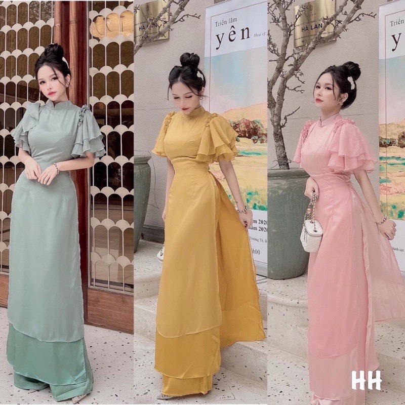 Áo Dài Cách Tân Bốn Tà Chất Lụa Thiết Kế Tay Bèo Cánh Tiên phù hợp mặc dịp lễ tết