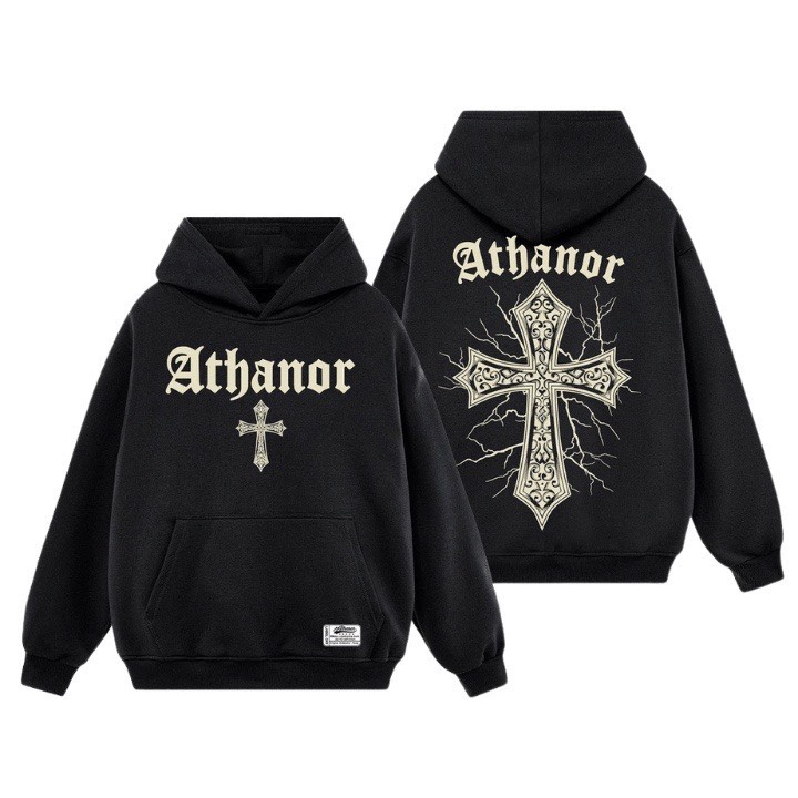 Áo Hoodie Athanor Chữ Thập Mũ Trùm 2 Lớp Form Unisex Tay Bồng 100% Cotton - ao_thun_vdr (Nmoi01)