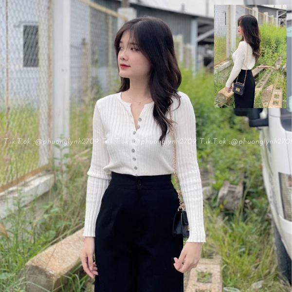 Áo len tay dài cài cúc giữa , áo dài tay ôm dáng chất len dày dặn PLA118