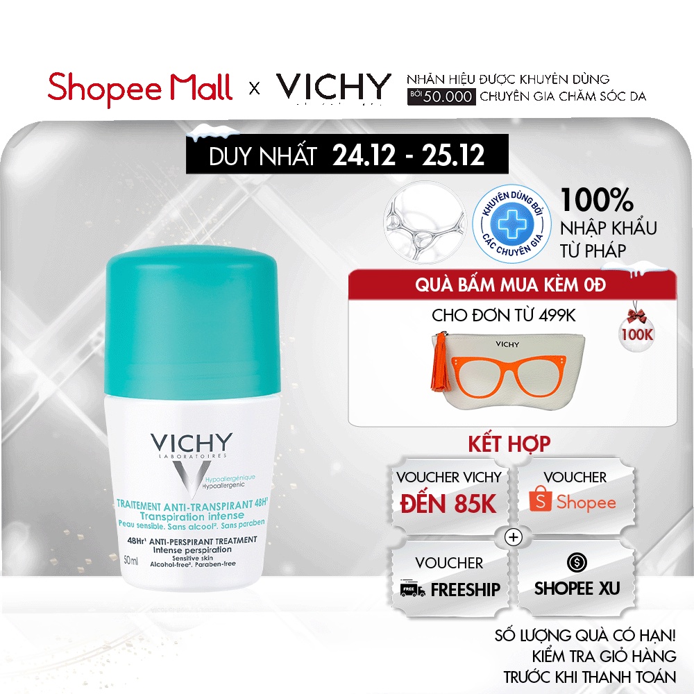 Lăn khử mùi và khô thoáng vùng da dưới cánh tay 48H Vichy Anti-Transpiration 50ml