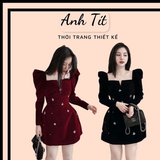 Đầm Nhung Dáng Xoè Thiết Kế Hoạ Tiết Nổi Siêu Tôn Dáng, Váy Nhung Xoè Chất Dày Dặn Cao Cấp - Anh Tít Boutique