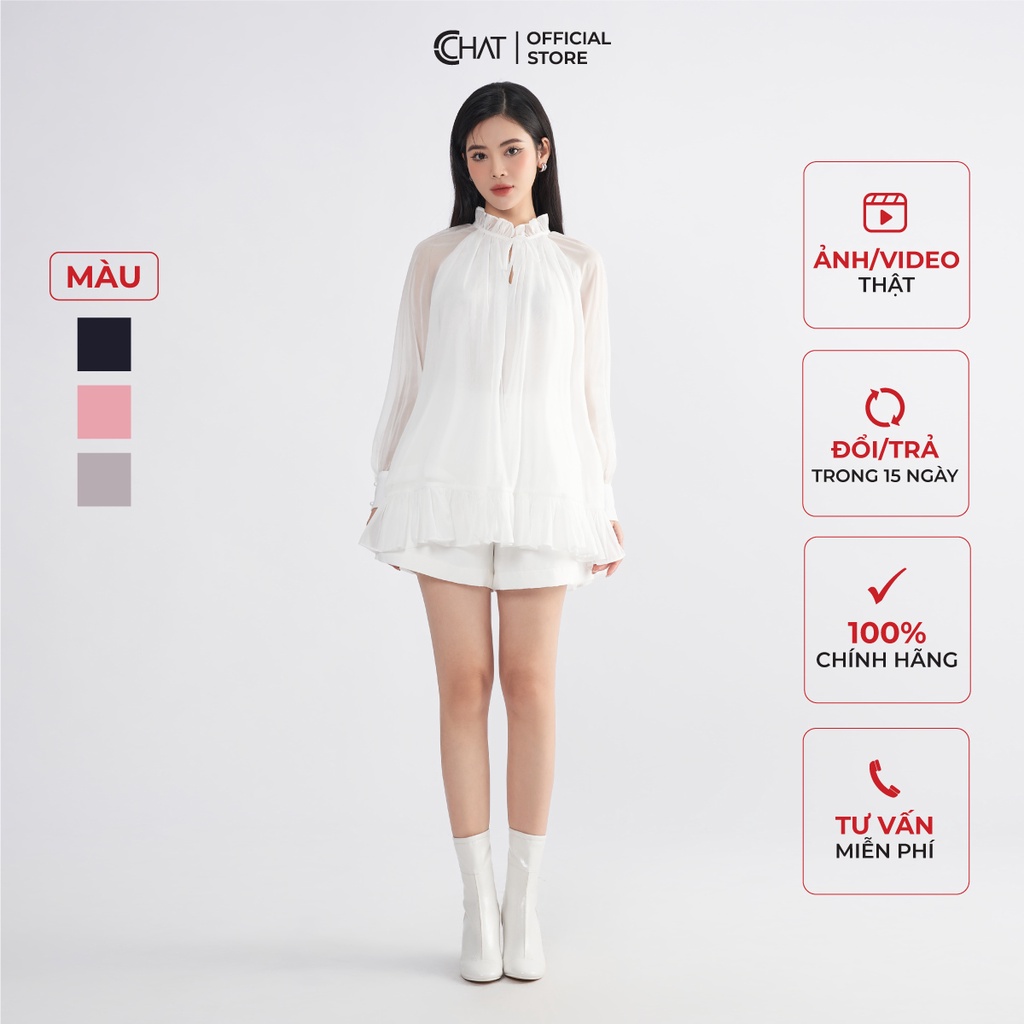 Áo Kiểu Nữ 𝐂𝐂𝐇𝐀𝐓 Rúm Cổ Bèo Đai Rời Chất Voan Cao Cấp 13ADV8006ST
