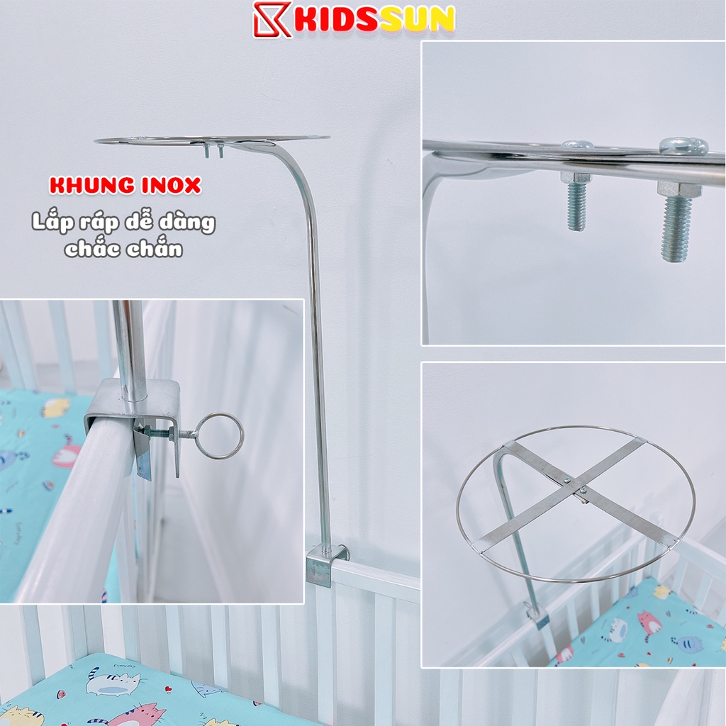 Màn và khung treo inox KIDSSUN cho nôi cũi, màn tuyncó cửa chống muỗi phủ kín tới chân cũi, khung inox chắc chắn