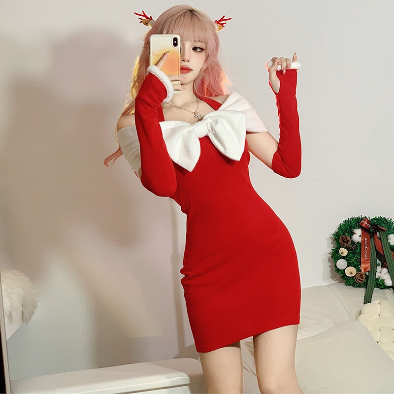 Đầm WEIRD PUSS mini ôm dáng thiết kế hở vai đính nơ phong cách Giáng Sinh năm mới thời trang dành cho nữ