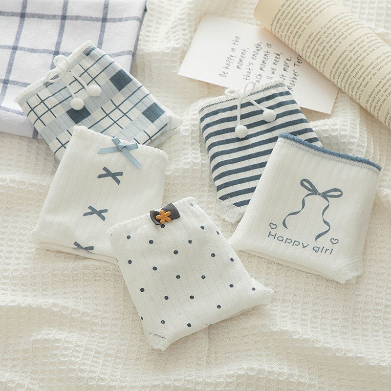 Quần Lót Nữ Cotton Cao Cấp Màu Trắng Xanh Dương Phối Họa Tiết Dễ Thương, Cute B1