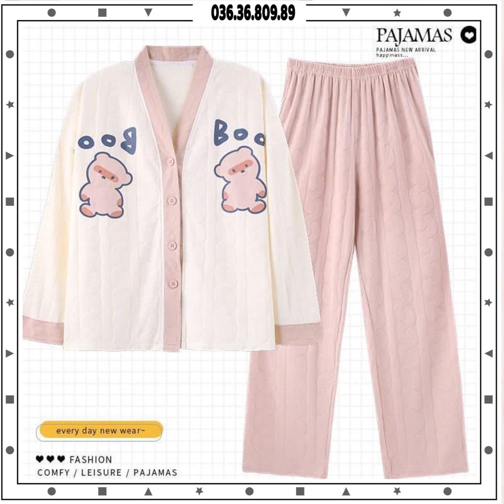 Bộ mặc ngủ ở nhà cá tính hình chú heo ngộ nghĩnh, chất cotton jacquard mịn dày đẹp